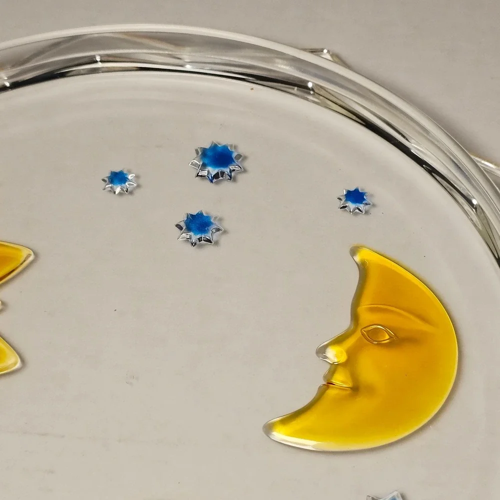 1990s Celestial Sun Moon Stars Glass Serving Platter Round‎ Amber Blue 12.5 Inch